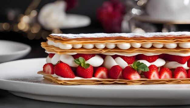 a dessert plate with strawberries and cream on it