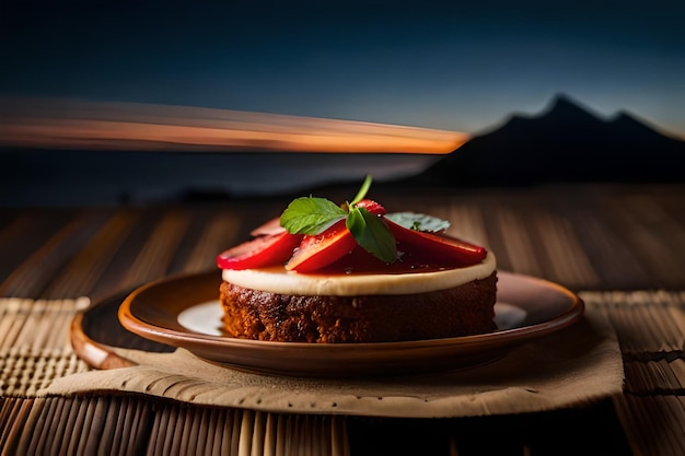 a dessert on a plate with a strawberry on it