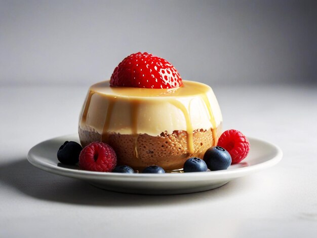 a dessert pudding with a strawberry and a raspberry on it