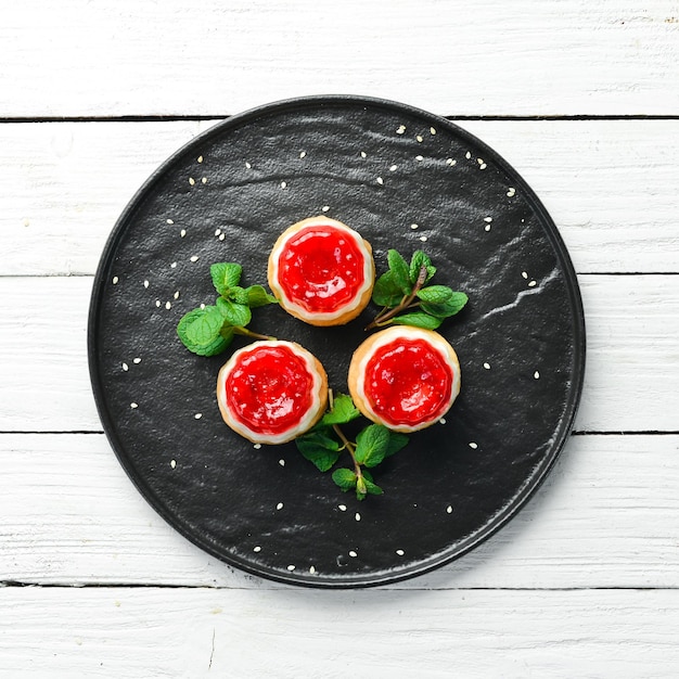 Dessert Strawberry panna cotta Candy bar Top view Rustic style