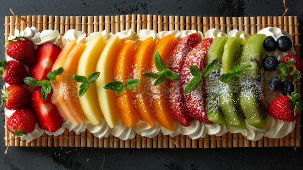 Dessert sushi plating op een bamboe mat met fruit en room