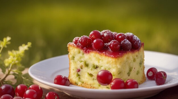 Dessert symphony piece of souffl cake with sprigs of red currant culinary elegance