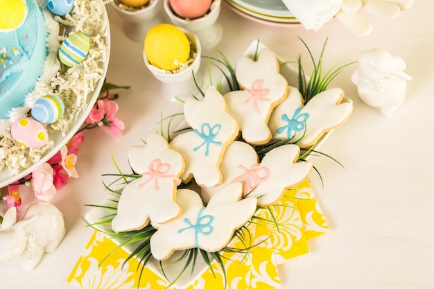 Dessert table decorated for Easter brunch.