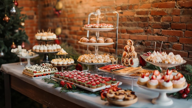 Dessert table with a variety of treats cupcakes topped with raspberries chocolate brownies and lemon meringues artfully arranged for a feast of sweets