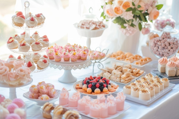 Dessert table with various sorts of snacks Candy bar Celebration concept Generative AI