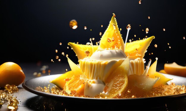 Dessert van ijs met stervormige carambola garnering is gemaakt van gekneusde amandelen sinaasappel plakjes voor zomer dessert unieke culinaire presentatie digitale restaurant menu's food delivery apps