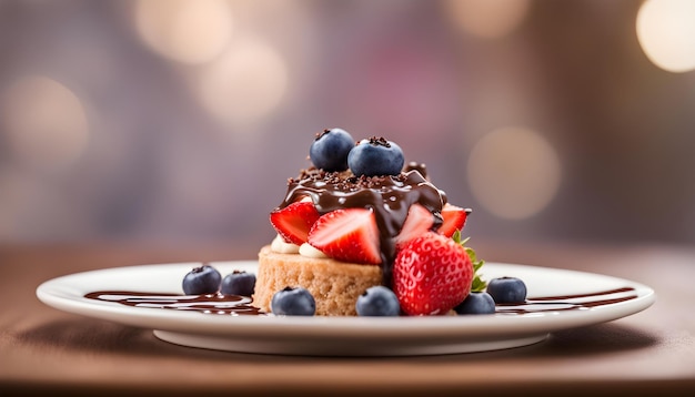 a dessert with berries and chocolate on it sits on a plate