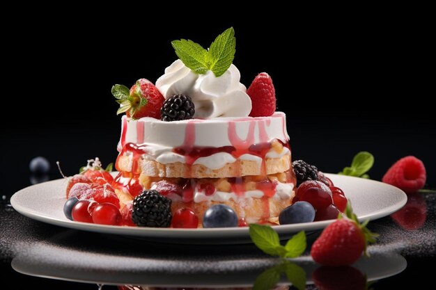 a dessert with berries and cream on top of it