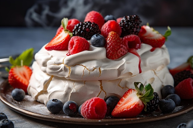 A dessert with berries on it and a plate with a cake on it