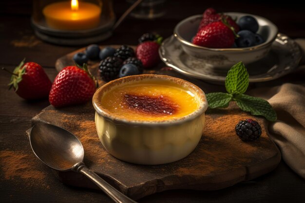 A dessert with berries and a spoon on a wooden board