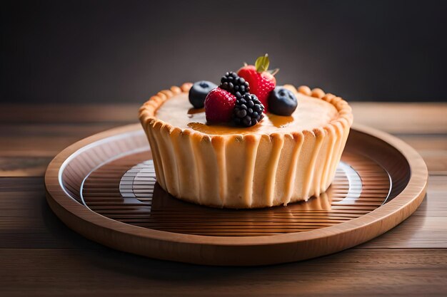 A dessert with berries on top sits on a brown plate.