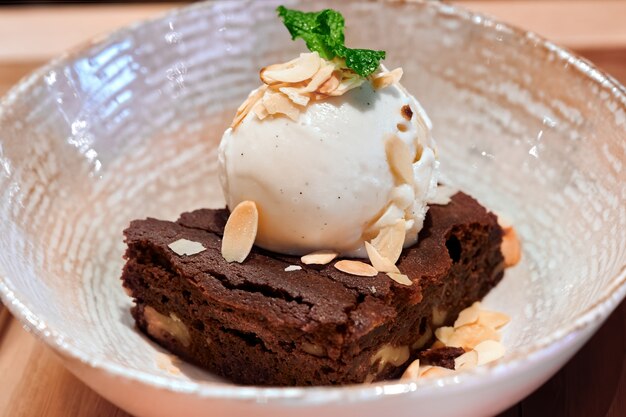 Dessert with brownie cake and ice cream