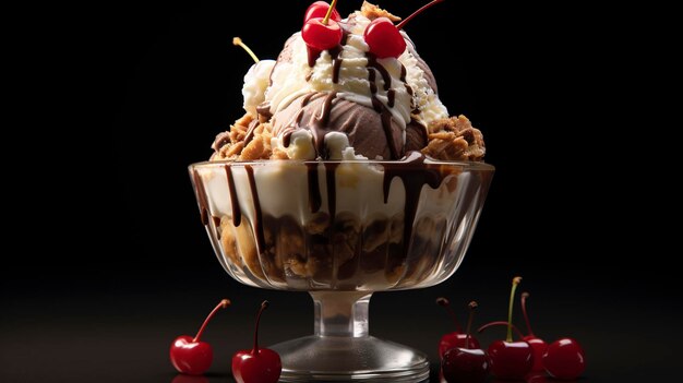 a dessert with cherries and cherries on a glass plate