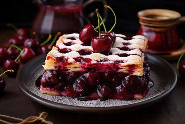 a dessert with cherries on it sits on a plate