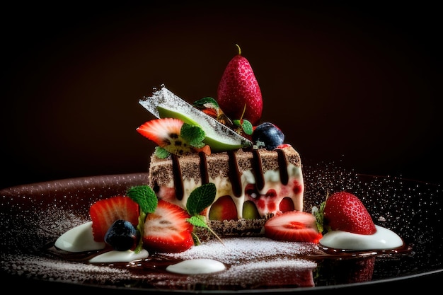 A dessert with a chocolate cake and berries on a plate.