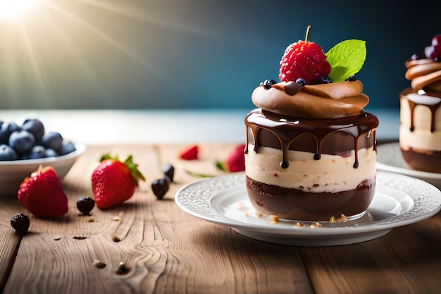 A dessert with chocolate and raspberries on a wooden table