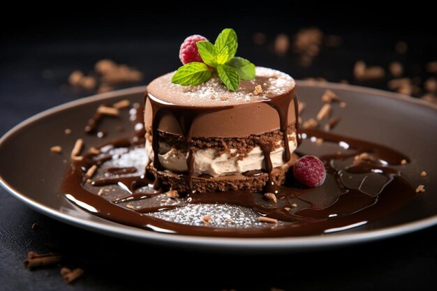 a dessert with chocolate and raspberry on it