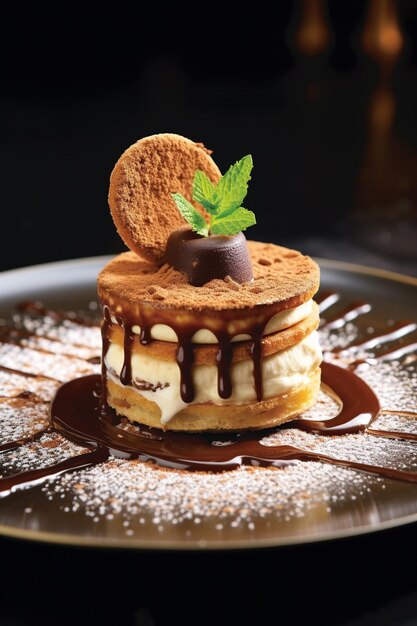 a dessert with chocolate sauce and a mint leaf on top.