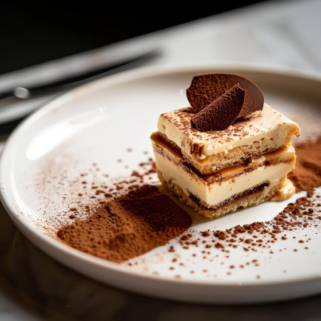 Photo a dessert with a chocolate topping on a white plate