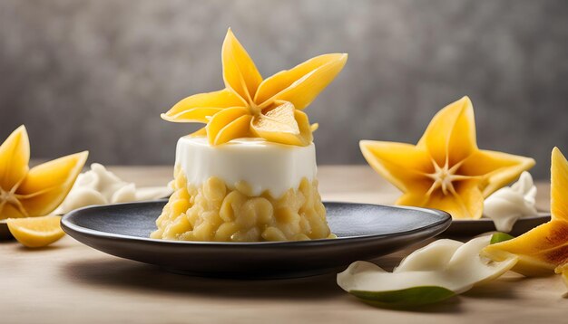 Photo a dessert with flowers and a small cake on a plate