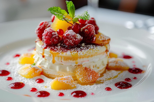 Photo a dessert with fruit on top of it on a plate with powdered sugar and a green leaf on top a pastel