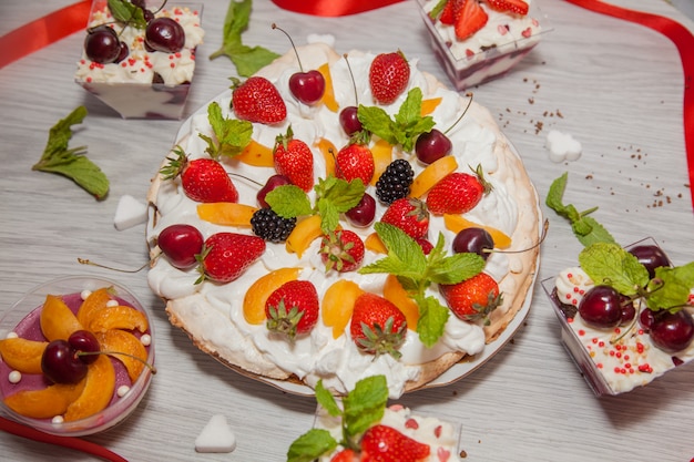 Dessert with fruits and mint