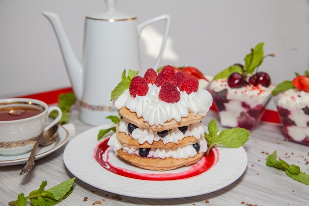 Dessert with fruits and mint