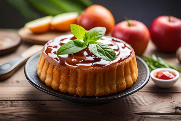 a dessert with a fruity drink and apples on a wooden table