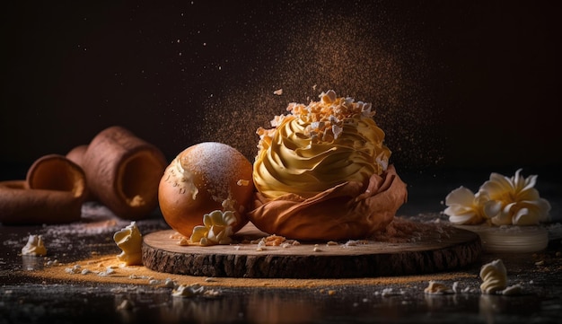 A dessert with a golden cream on top and a chocolate shell on the top.