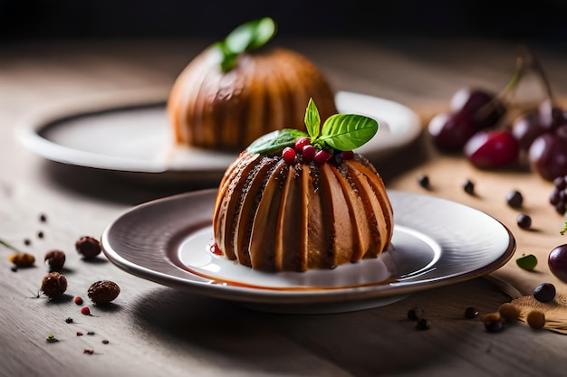 a dessert with a green leaf on top of it