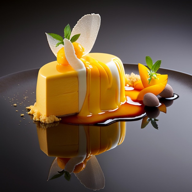 A dessert with mango and mint on it