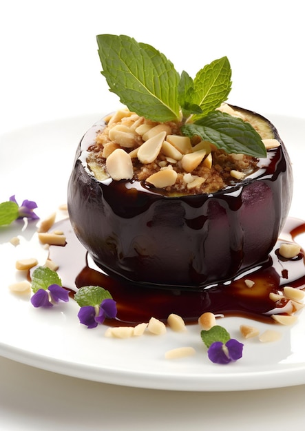 a dessert with nuts and chocolate sauce on a plate