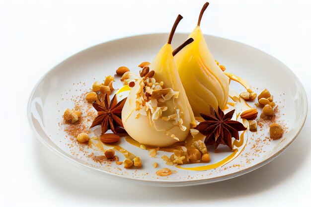 Dessert with pears and nuts on white background food