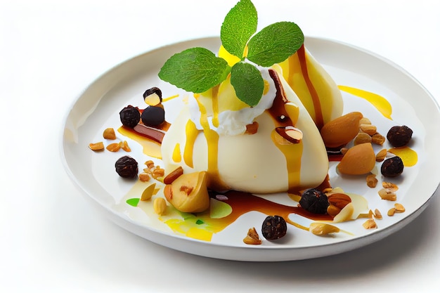 Dessert with pears and nuts on white background food