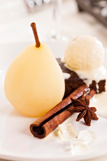 Dessert with poached pears