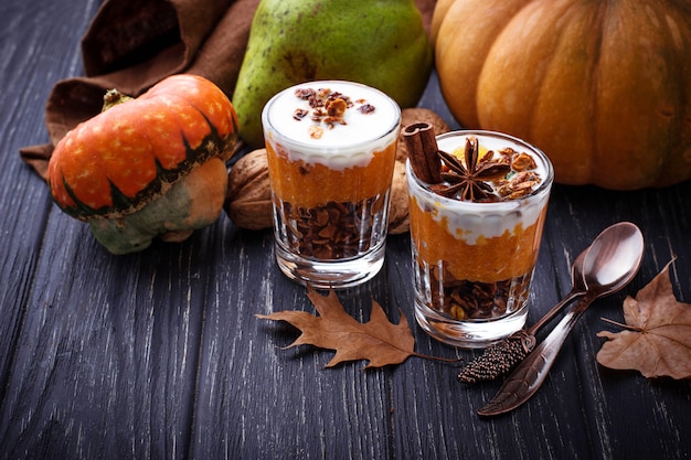 Dessert  with pumpkin and granola. Selective focus