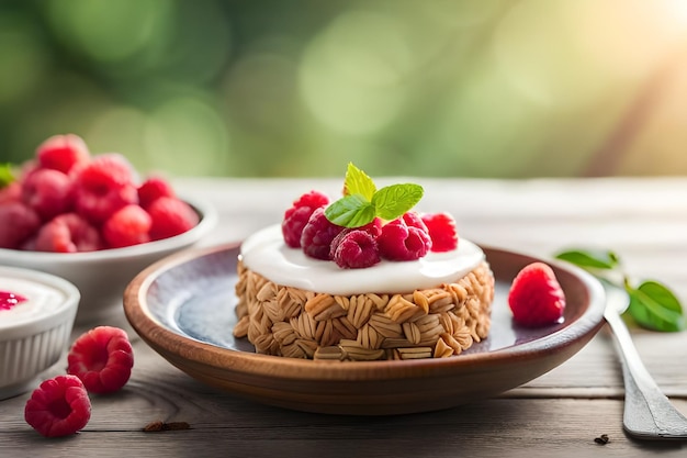 A dessert with raspberries and a bowl of raspberry sauce