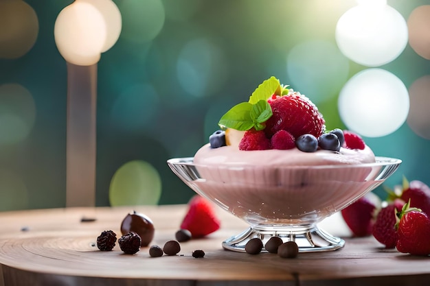 A dessert with a spoonful of vanilla ice cream and berries sits on a plate