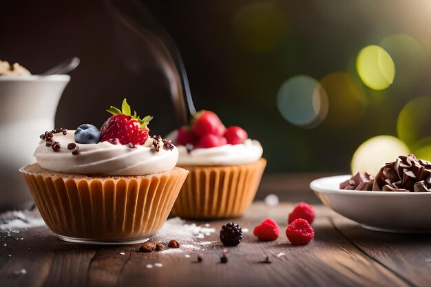 A dessert with a spoonful of vanilla ice cream and berries sits on a plate