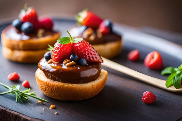 A dessert with strawberries and chocolate on a wooden stick