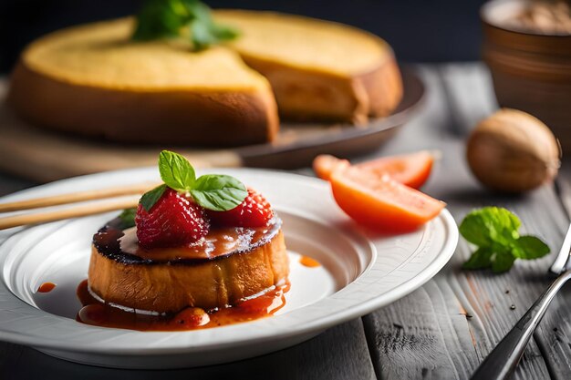 A dessert with strawberries and orange slices on a plate.