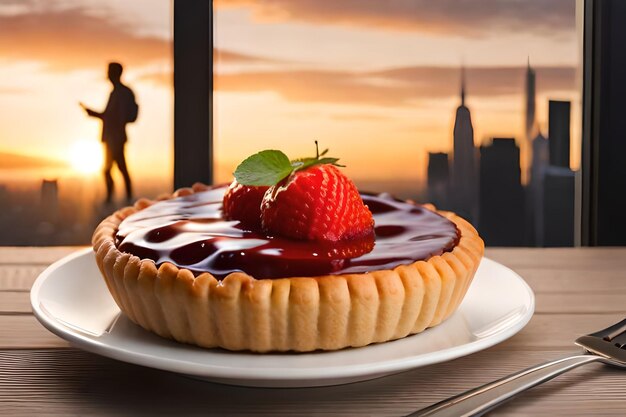 Photo a dessert with a view of the city skyline in the background.