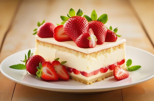 Фото Десерт с белой начинкой и шоколадным слоем с красными ягодами клубницей