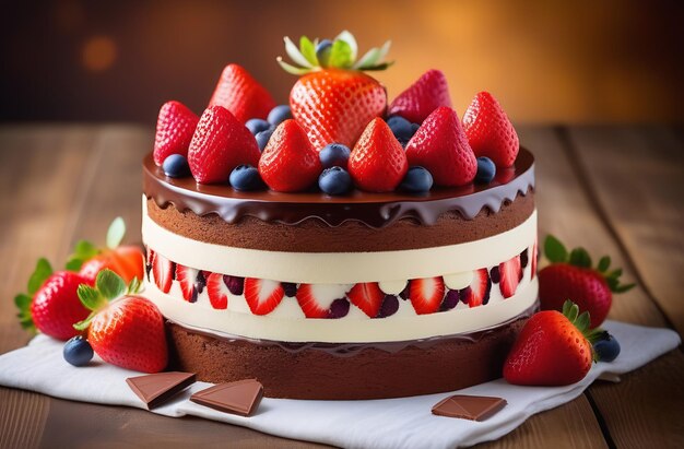 Dessert with white filling and chocolate layer with red berries strawberries