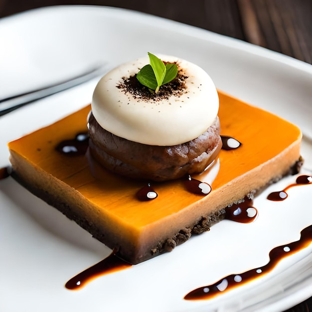 A dessert with a white plate and a green leaf on top