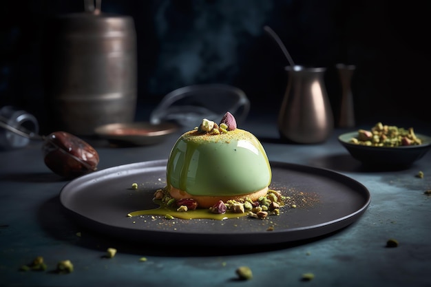 A dessert with a yellow sauce and pistachios on a black plate.