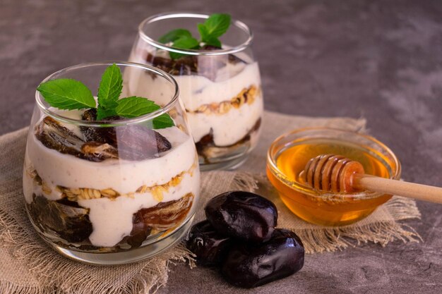 Dessert with yogurt figs and honey.