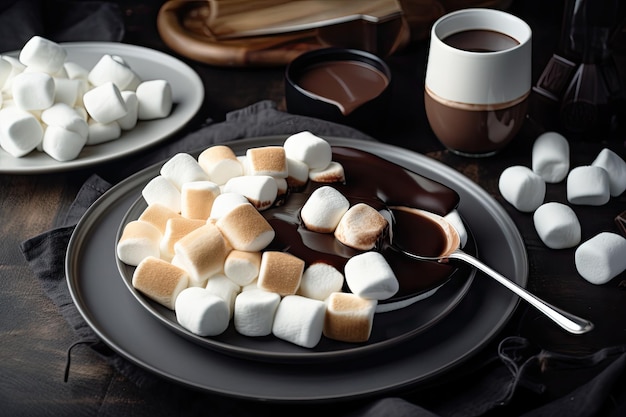 Dessertbord met warme chocoladesaus en marshmallows als topping