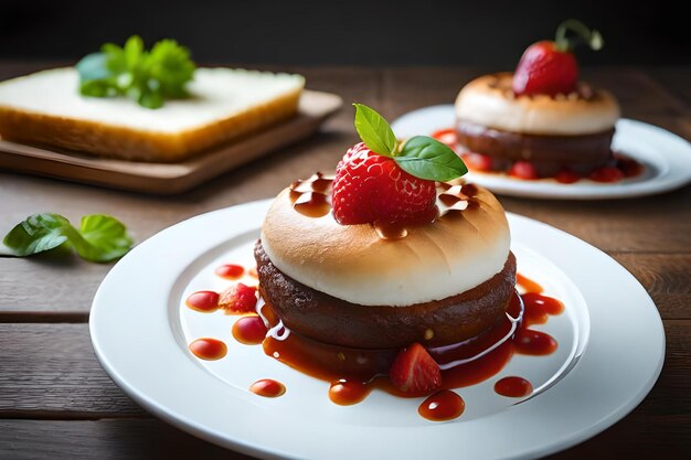 Desserts op een bord met een aardbei erop