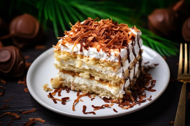 Desserttaart met kokosnoot en chocolade bakken top view gratis kopieerruimte